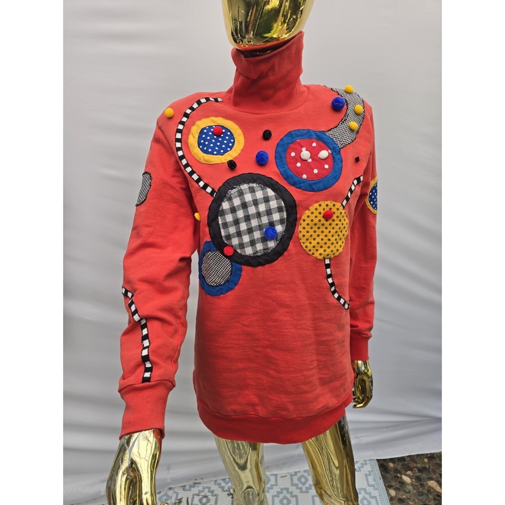 Vintage 80s Salaminder Kansas Sweater Red Turtleneck Artwear with Pom Poms Bold